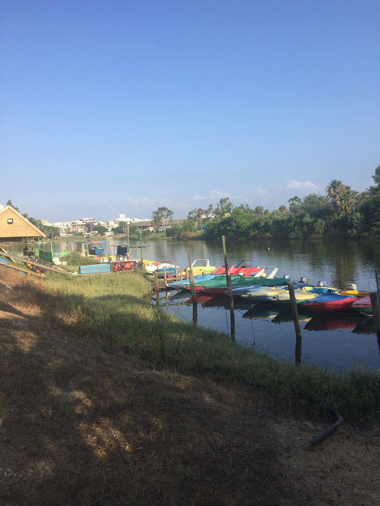 A row of colorful boats moored next to a small boathouse