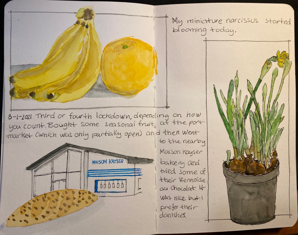A sketch of an orange, a banana, a narcissus flowering, Maison Kayser and a Viennoise au Chocolat