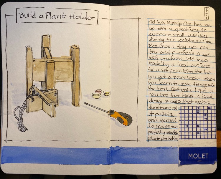 Sketchbook spread with two wooden X shaped plant holders, a screwdriver and some tiny paint pots. There's a sticker with the Molet logo on the right.