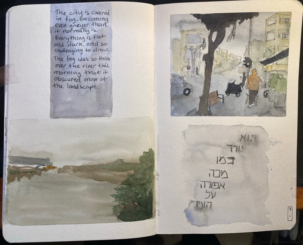 A5 Stillman and Birn sketchbook spread with two watercolour drawings, one on the lower left side and one on the upper right side (with ink), and two text blocks, one in Hebrew on the lower right side and one in English on the upper left side. The palette is grey and muted. 