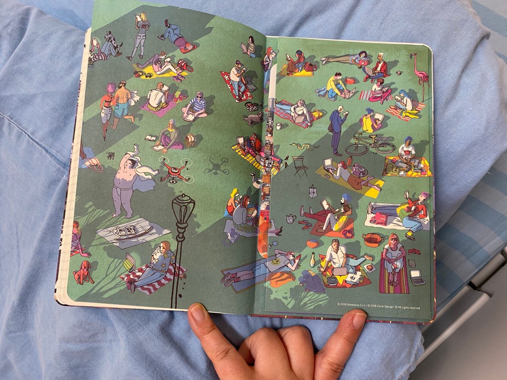 The back endpaper features a very imaginative summer scene in a city park, with various denizens of the city enjoying a lounge on the park lawn. 