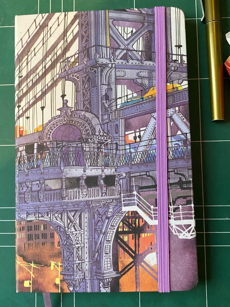 Moleskine I am New York front cover without the yellow band. Colours are mostly grey and orange.