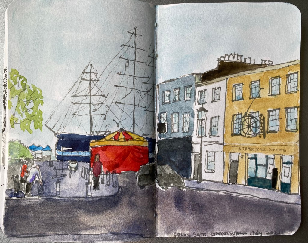 The Cutty Sark ship in the background, with a circus tent before it and buildings to the left, all drawn in ink and watercolour.