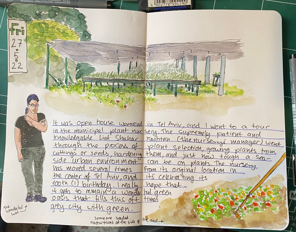 A sketch of a lady in black work clothes and purple hair, a shaded set of growing tables and a patch of nasturtiums. 