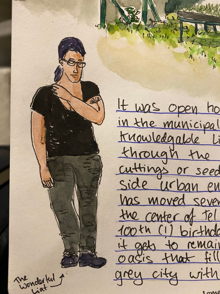 A close up of the lady in black work clothes and purple hair from the sketch above.